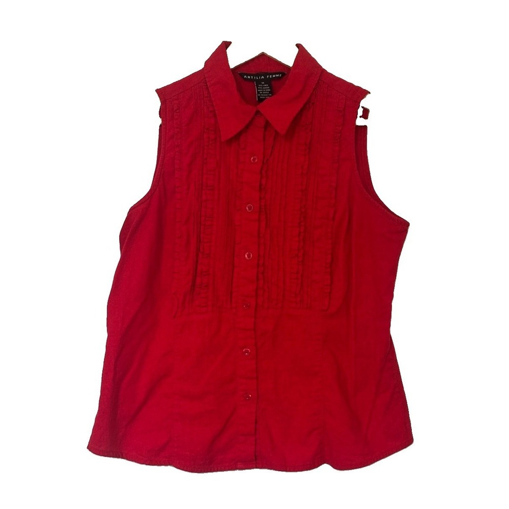 Antilia Femme Red Linen Sleeveless Blouse Ruffle Bib Women's 1X